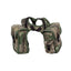 Cashel Small Horn Bag in a forest camouflage pattern, designed for durable saddle storage. This equestrian gear features two large pockets with secure flap buckles and a small outer pouch, specifically shaped to fit over a horse's saddle horn. Perfect for trail riders and hunters needing convenient access to gear, water, or snacks while riding. Sturdy green piping and black adjustable straps ensure a snug, reliable fit on your saddle.