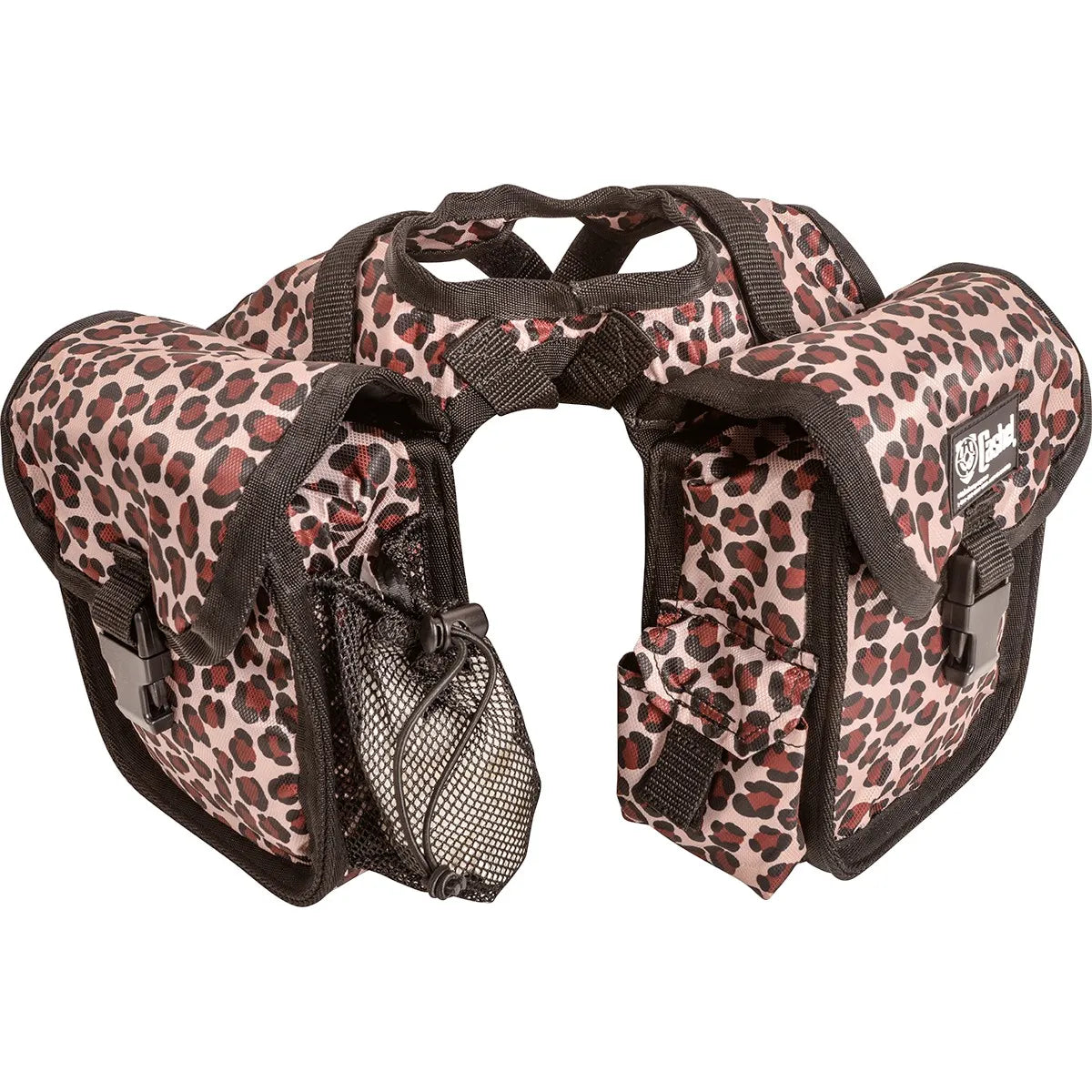 Cashel Small Horn Bag in a pink leopard print with black trim. This durable saddle storage for equestrians features two main pouches with secure buckle closures, a mesh bottle holder, and a small side pocket. Perfect for western trail riding, this animal print horn bag keeps gear organized and accessible. A stylish, functional accessory for horse riders looking for eye-catching saddle bags and equestrian gear.