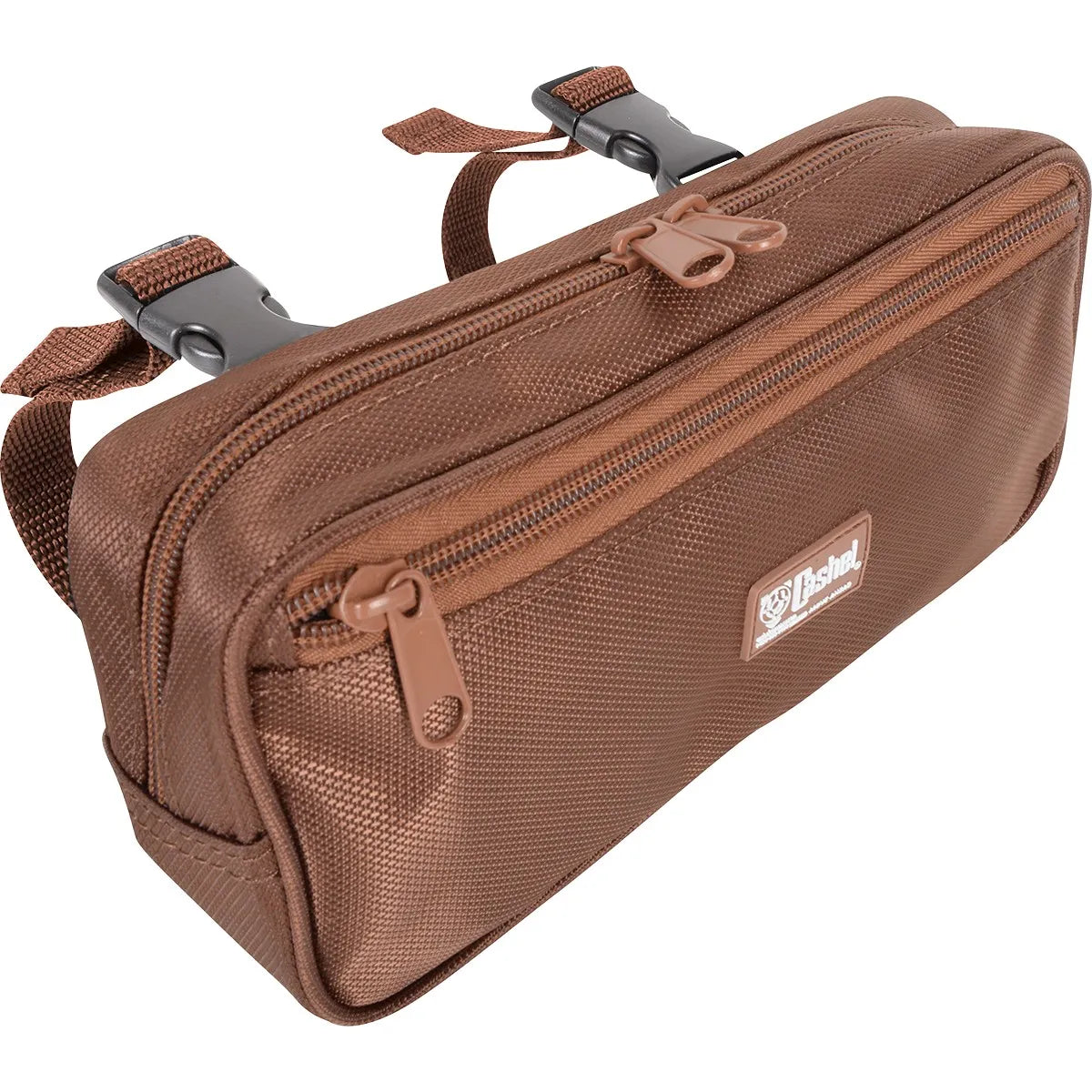 Compact Cashel Small Pommel Bag in rich brown durable nylon, designed for organized trail riding. This equestrian saddle bag features two zippered compartments with easy-pull tabs and adjustable straps with heavy-duty buckles for a secure fit on your horse's saddle. A must-have western riding accessory for carrying essentials like your phone, keys, and snacks while out on the trail.