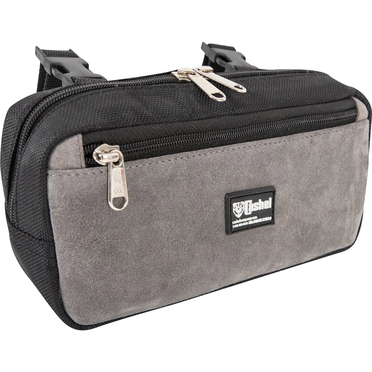 Cashel Small Pommel Bag in grey suede and black nylon, featuring a zippered main compartment and front pocket for equestrian gear storage. This compact horse saddle bag includes secure attachment straps with buckles for trail riding organization. Durable and stylish, it’s a must-have trail accessory to keep essentials like phones and snacks close at hand while riding.