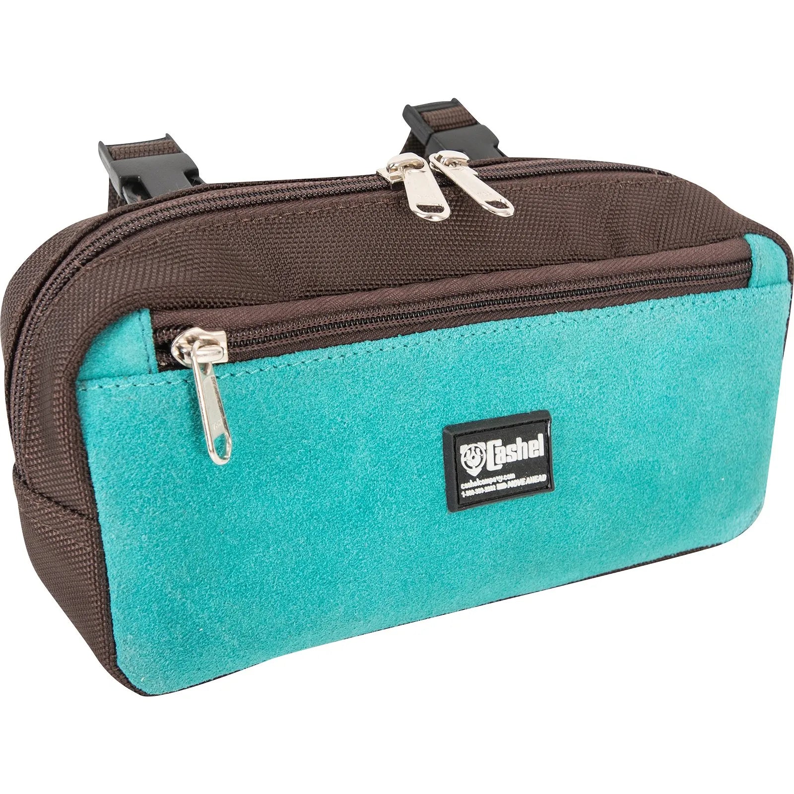 Cashel Small Pommel Bag for horseback riding, featuring a vibrant turquoise suede front panel and durable brown nylon body. This compact saddle bag includes a main compartment with dual zippers and an additional front zippered pocket for quick access to essentials. Designed with adjustable heavy-duty straps and buckles for secure attachment to your saddle, it's a must-have piece of horse tack for organized trail riding adventures.