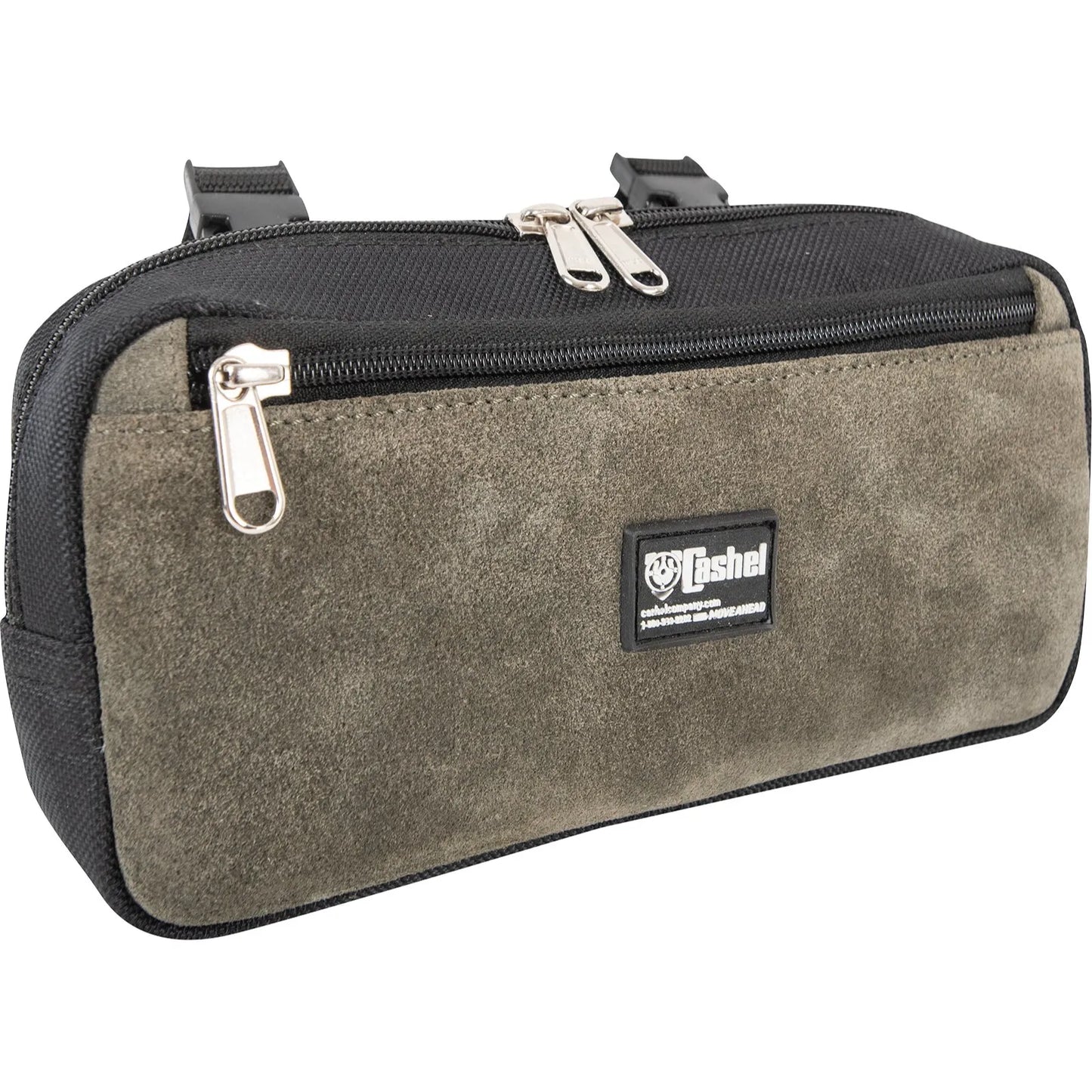 Cashel Small Pommel Bag for horseback riding, featuring a durable black nylon frame and a stylish olive-grey suede front. This compact equestrian saddle bag offers a dual-zippered main compartment and a front pocket with silver metal pulls for secure storage. Designed for trail riders, it includes adjustable straps for easy pommel attachment and a branded Cashel logo, keeping your riding essentials organized, secure, and ready for any adventure on the trail.