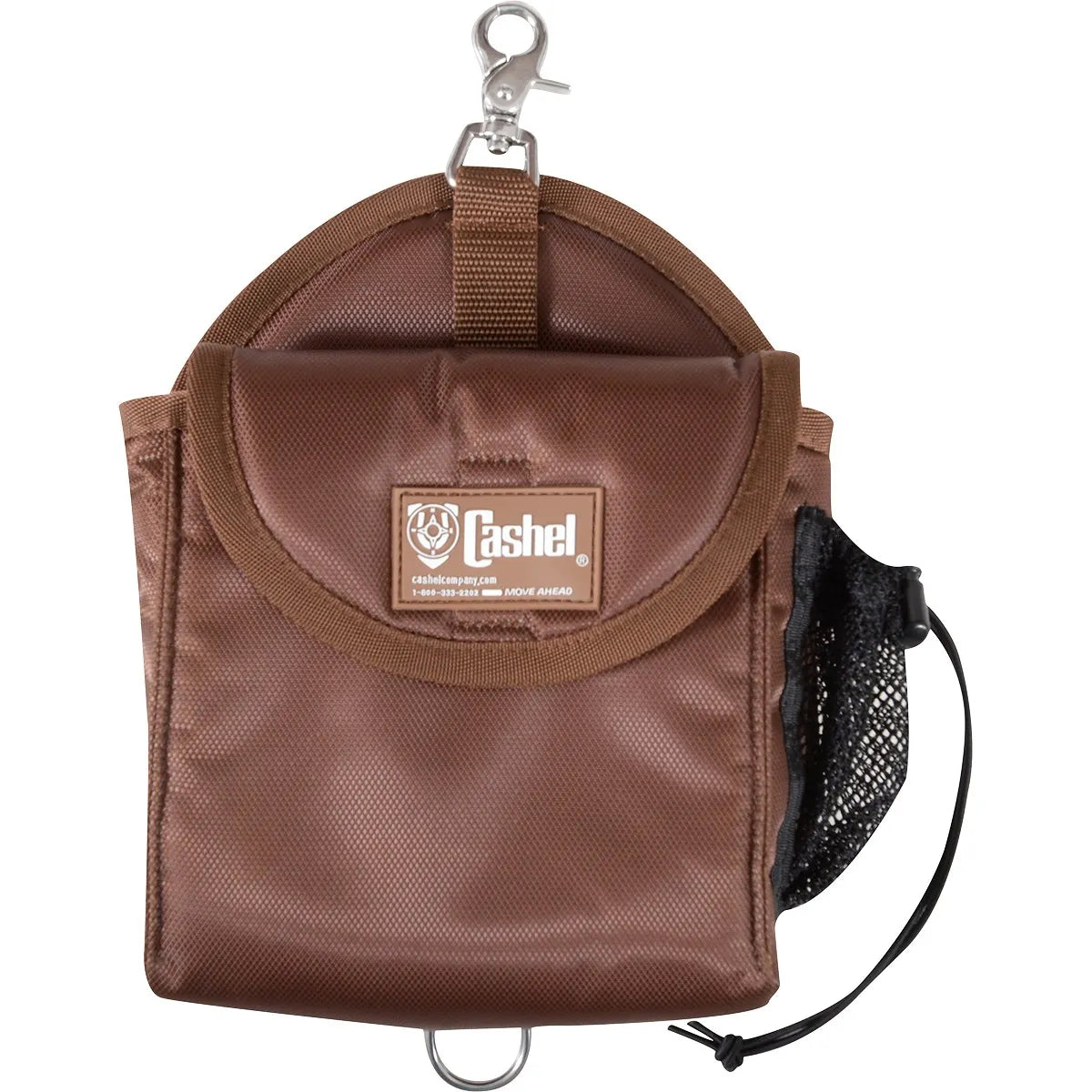 Cashel Snap-on Lunch Bag in brown, a durable equestrian saddlebag accessory designed for trail riding. This compact, insulated pouch features a secure front flap with the Cashel logo, a side mesh pocket with an adjustable drawstring for bottles, and a heavy-duty metal clip for easy attachment to a saddle or belt loop. A metal D-ring at the bottom provides extra utility for outdoor adventures, keeping your lunch fresh and accessible on the go.