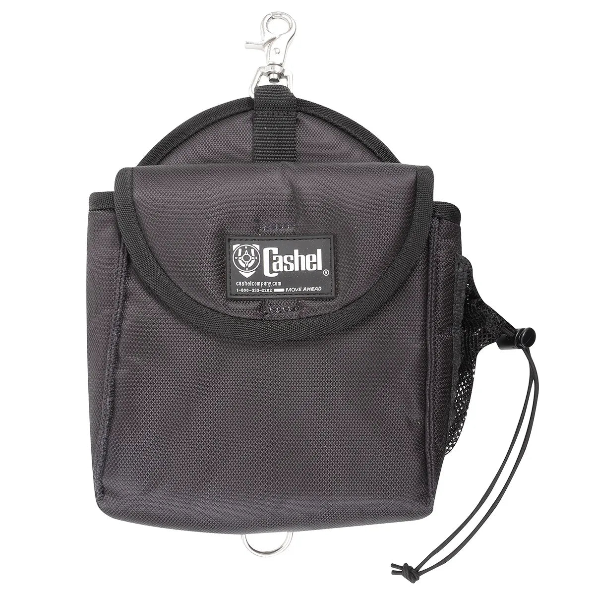 Durable black Cashel Snap-On Saddle Lunch Bag designed for equestrian trail riding. This compact, insulated saddle bag features a secure swivel clip for easy attachment, a hook-and-loop front flap with the Cashel logo, and a side mesh pocket with an adjustable drawstring toggle. Perfect for keeping snacks and drinks fresh on the trail, this heavy-duty nylon bag includes a bottom D-ring for added stability.