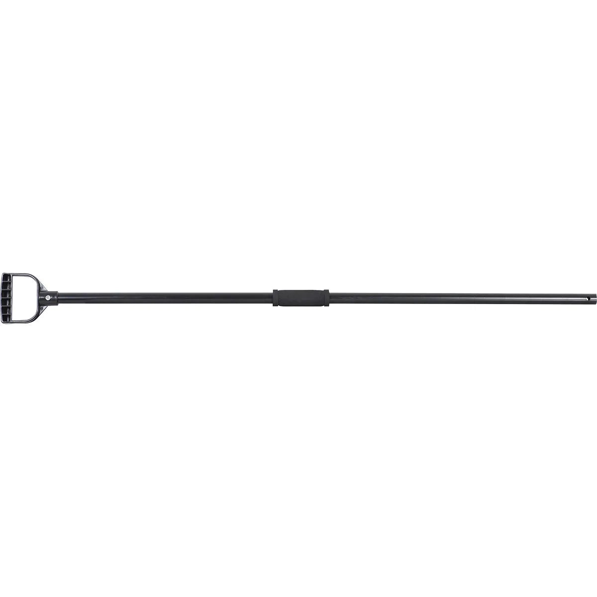 Durable Cashel 50-inch black steel manure fork replacement handle designed for heavy-duty stable cleaning. This ergonomic handle features a secure D-grip for superior control and a padded middle comfort grip to reduce hand fatigue. Built with high-strength steel and a pre-drilled hole for quick fork head attachment, it's the perfect farm and ranch tool upgrade for efficient stall maintenance and livestock care.