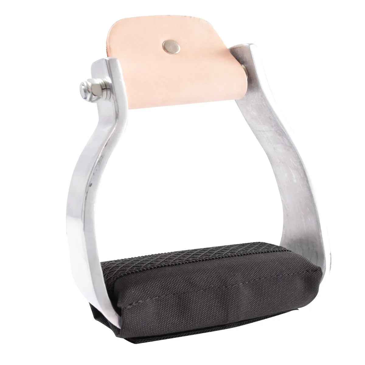 Cashel Western Stirrup Cushion in medium size, featuring a polished silver aluminum frame and a tan leather neck wrap. The footrest is equipped with a thick black padded cushion featuring a textured diamond tread for ultimate non-slip grip and rider comfort. High-quality equestrian gear designed to reduce foot and knee fatigue during long trail rides.