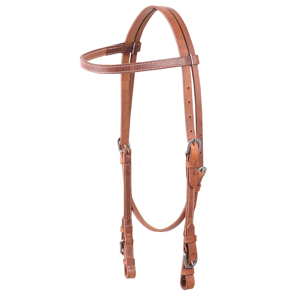 Cashel Stitched Harness Leather Browband Headstall featuring a classic Western design with white contrast stitching. This durable brown leather horse bridle includes adjustable cheek pieces with stainless steel buckle ends for easy bit attachment and a secure throatlatch. Perfect for trail riding or daily work, this high-quality Western tack offers a professional look and dependable performance for any equestrian.