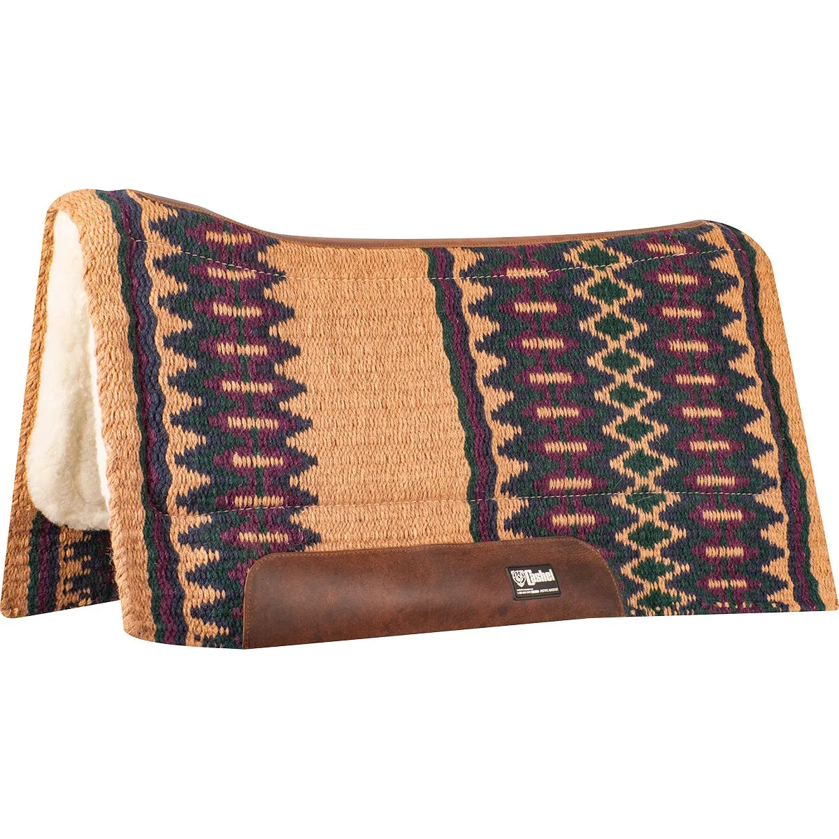 Cashel Western Saddle Pad with a 34x38 performance blanket top in a striking teal, purple, and tan geometric diamond pattern. This high-quality felt wool pad features a plush white Merino fleece lining for superior cushioning and moisture-wicking. Designed with a contoured spine for a perfect fit and reinforced brown leather wear leathers for added durability. Ideal for Western riding disciplines, combining professional-grade performance with a stylish equestrian aesthetic.