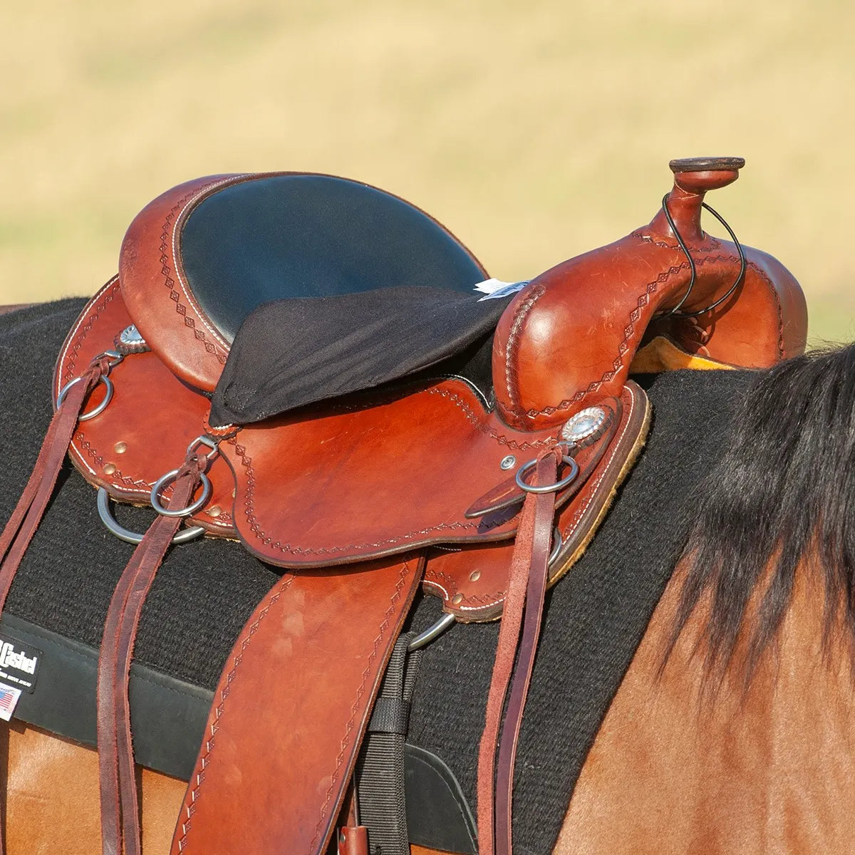 Cashel Western Tush Cushion Foam in black, designed for ultimate comfort on a brown leather Western saddle. This orthopedic foam seat pad reduces fatigue during long trail rides or ranch work. Securely fits the saddle seat to provide shock absorption and pressure relief for riders. Essential equestrian accessory for Western riding comfort and endurance.