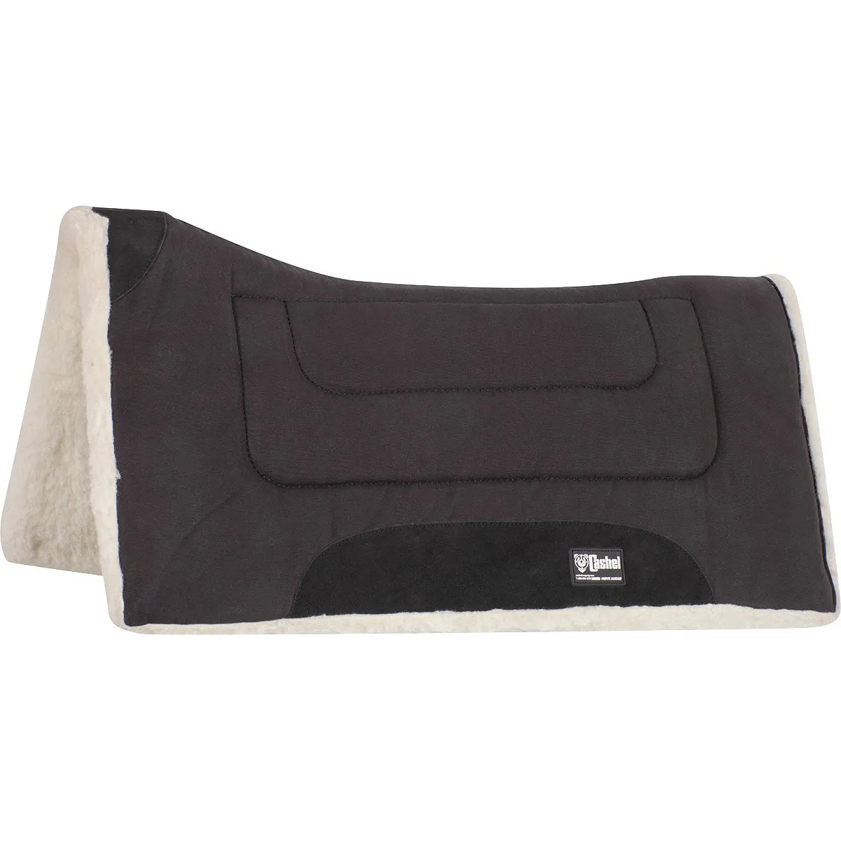 Cashel Work Pad for Kid Saddles, 23" x 24", featuring a sleek black outer shell and plush white fleece lining. This contoured western saddle pad includes reinforced black wear leathers for long-lasting durability and a branded Cashel logo. Designed for comfort and shock absorption, it’s the ideal youth equestrian gear for ponies and small horses, ensuring a secure and cushioned fit under the saddle.
