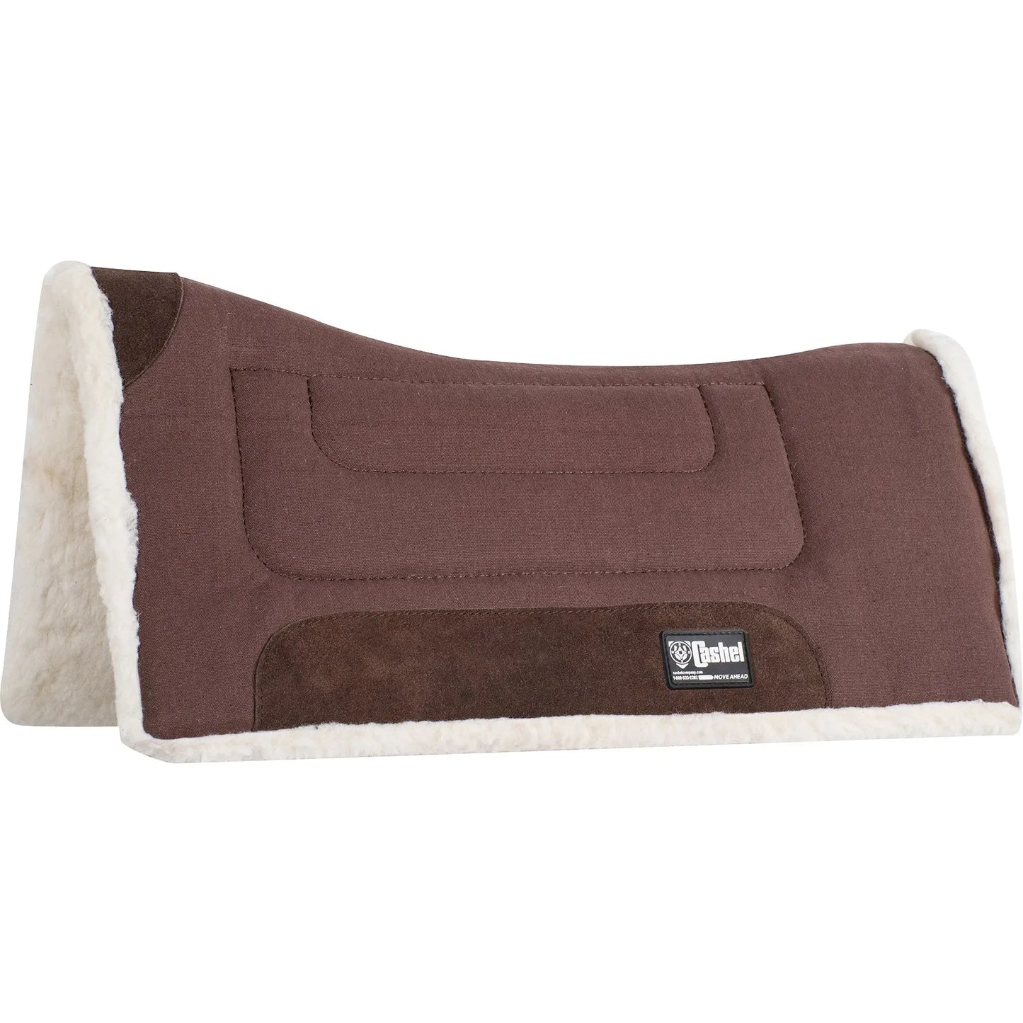 Cashel Work Pad for Kid Saddles in chocolate brown, sized 23" x 24". This durable western saddle pad features a contoured spine for a superior fit, plush white fleece lining for horse comfort, and reinforced leather wear leathers. Ideal for youth riders and ponies, this high-quality equestrian essential provides excellent shock absorption and classic style for everyday training or trail riding.