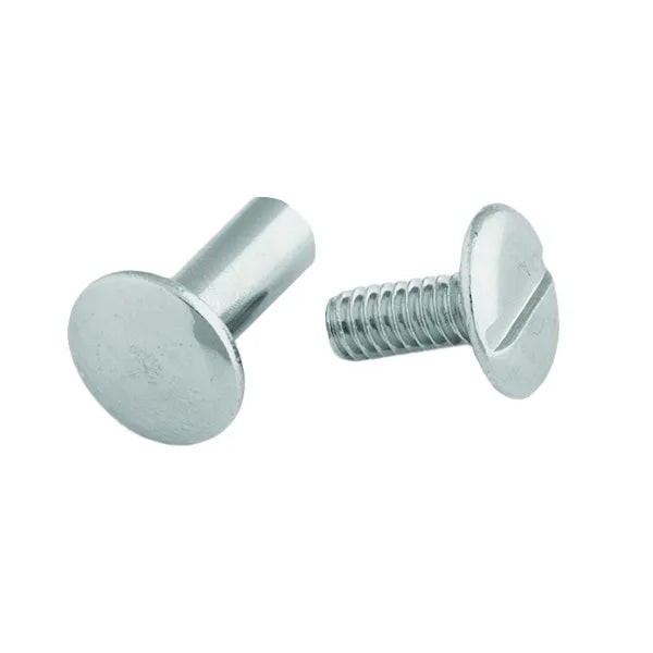 Nickel-plated brass Chicago screws for leathercraft and binding. Features a smooth female post and a slotted male screw with polished silver round heads. These heavy-duty binding posts are ideal for DIY belts, scrapbooking, menu covers, and saddlery. High-quality metallic hardware for professional leatherwork and secure bookbinding projects.