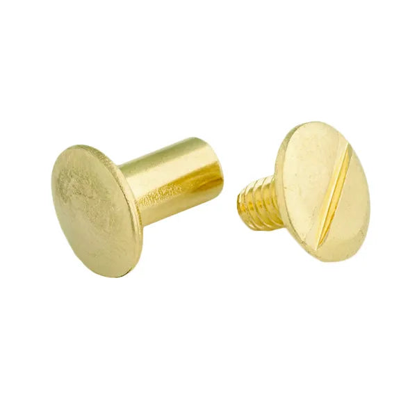 Solid brass Chicago screws for leather binding and craft projects. This polished gold-toned hardware set features a smooth-top female binding post and a matching slotted-head male screw. Ideal for leathercraft, DIY belt repair, custom bookbinding, and menus. Durable and stylish solid brass Chicago bolts for a professional finish on any leather strap or binding job.