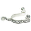 Children's western spurs in polished silver featuring intricate black engraved floral scrollwork. These high-quality youth spurs include a 1-3/8 inch shank and a classic 10-point rowel for precise cues. Stylish and durable equestrian gear for young riders, perfect for horse shows, training, or trail riding. A must-have accessory for kids' riding boots.