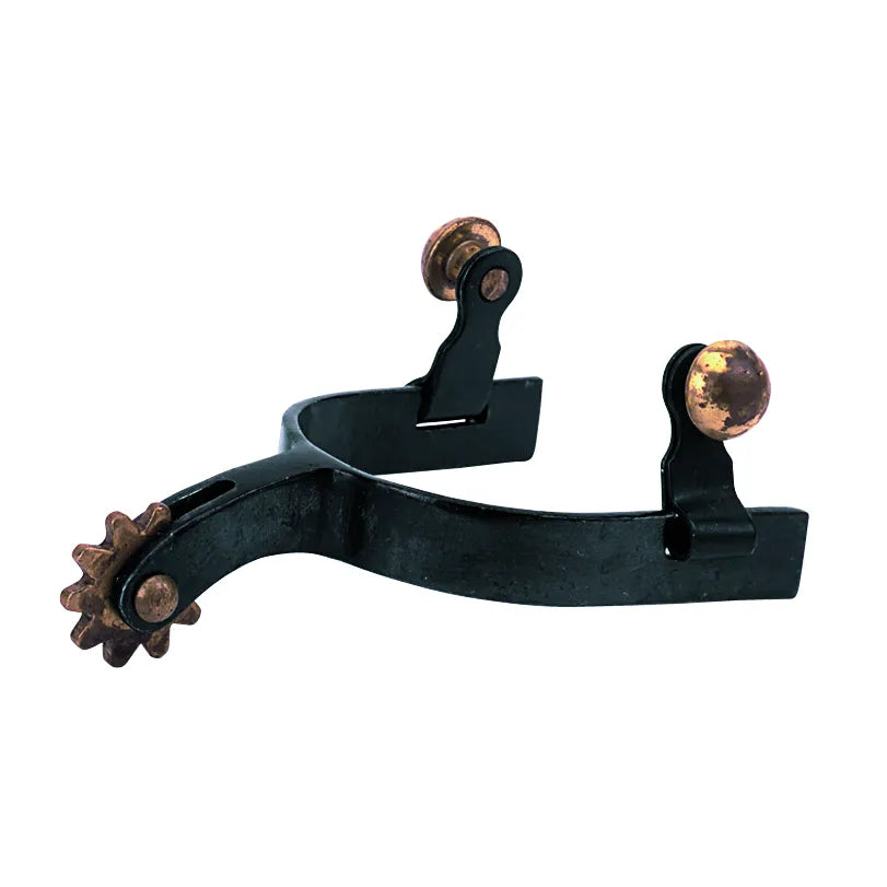 Children's Black Steel All-Purpose Spurs featuring a sleek black finish with copper-toned accents. These youth western spurs include a 1-3/8" curved shank and a traditional 10-point rowel. Designed for young riders, they feature sturdy side buttons for secure strap attachment. Ideal for barrel racing, trail riding, or everyday equestrian training, these durable horse riding accessories are perfect for young cowboys and cowgirls.