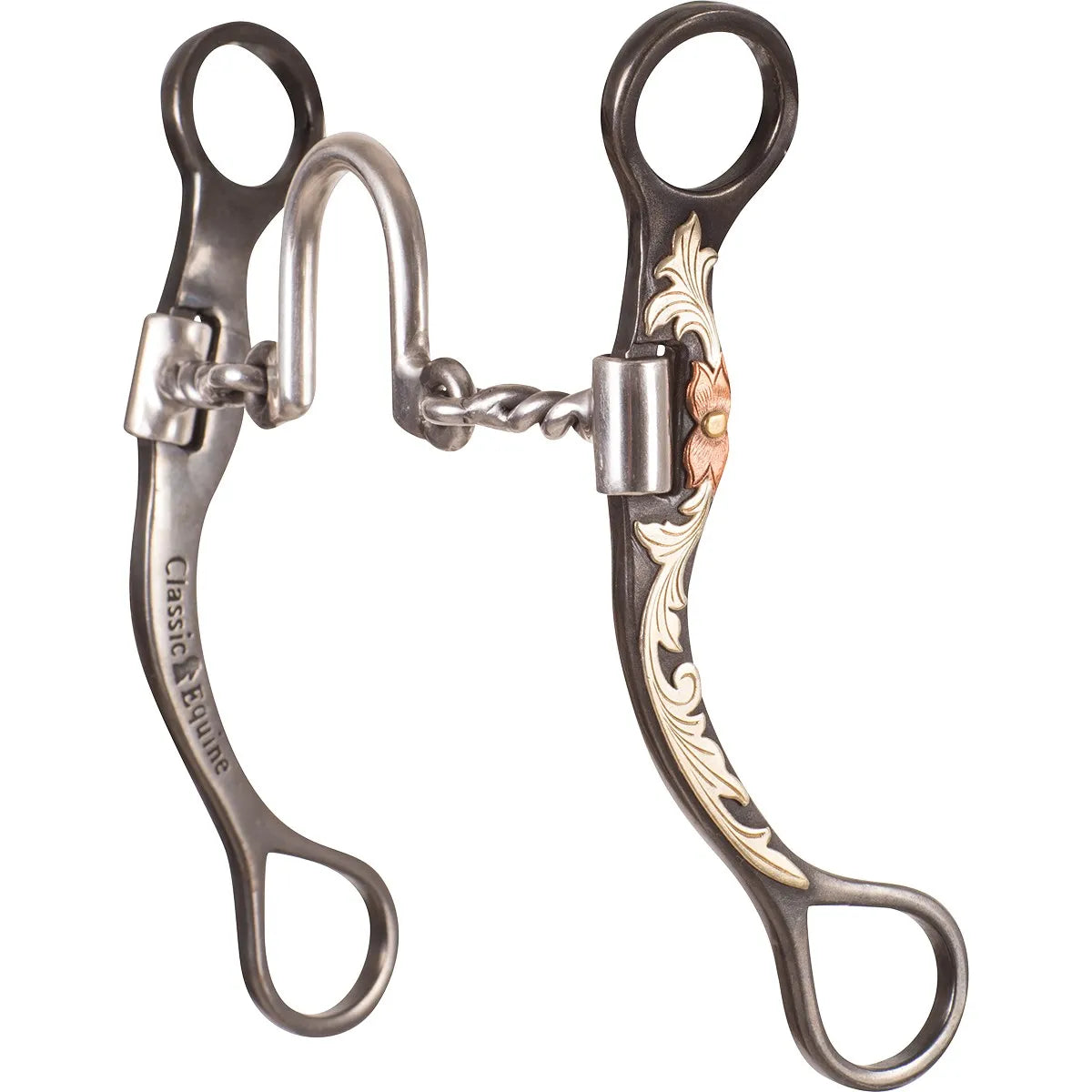 Classic Equine 7 1/2" cheek ported twisted wire bit designed for enhanced horse control and tongue relief. This western curb bit features a high U-shaped port and a twisted wire mouthpiece for precise communication. The dark metal shanks are elegantly decorated with silver and copper floral filigree engravings, showcasing the Classic Equine brand. High-quality equestrian tack perfect for western performance riders seeking both style and functionality.