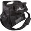 Classic Equine 12"x12" Black Grooming Tote featuring a large open compartment, multiple exterior mesh pockets for visibility, and durable nylon construction. This versatile horse grooming bag includes sturdy top handles and an adjustable, padded shoulder strap for comfortable transport. Perfect for organizing equestrian supplies, brushes, and spray bottles at the barn or horse shows. Sleek black design with the white Classic Equine horse head logo.