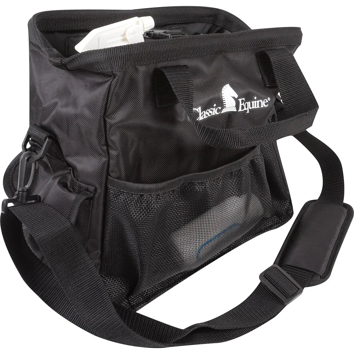 Classic Equine 12"x12" Black Grooming Tote featuring a large open compartment, multiple exterior mesh pockets for visibility, and durable nylon construction. This versatile horse grooming bag includes sturdy top handles and an adjustable, padded shoulder strap for comfortable transport. Perfect for organizing equestrian supplies, brushes, and spray bottles at the barn or horse shows. Sleek black design with the white Classic Equine horse head logo.
