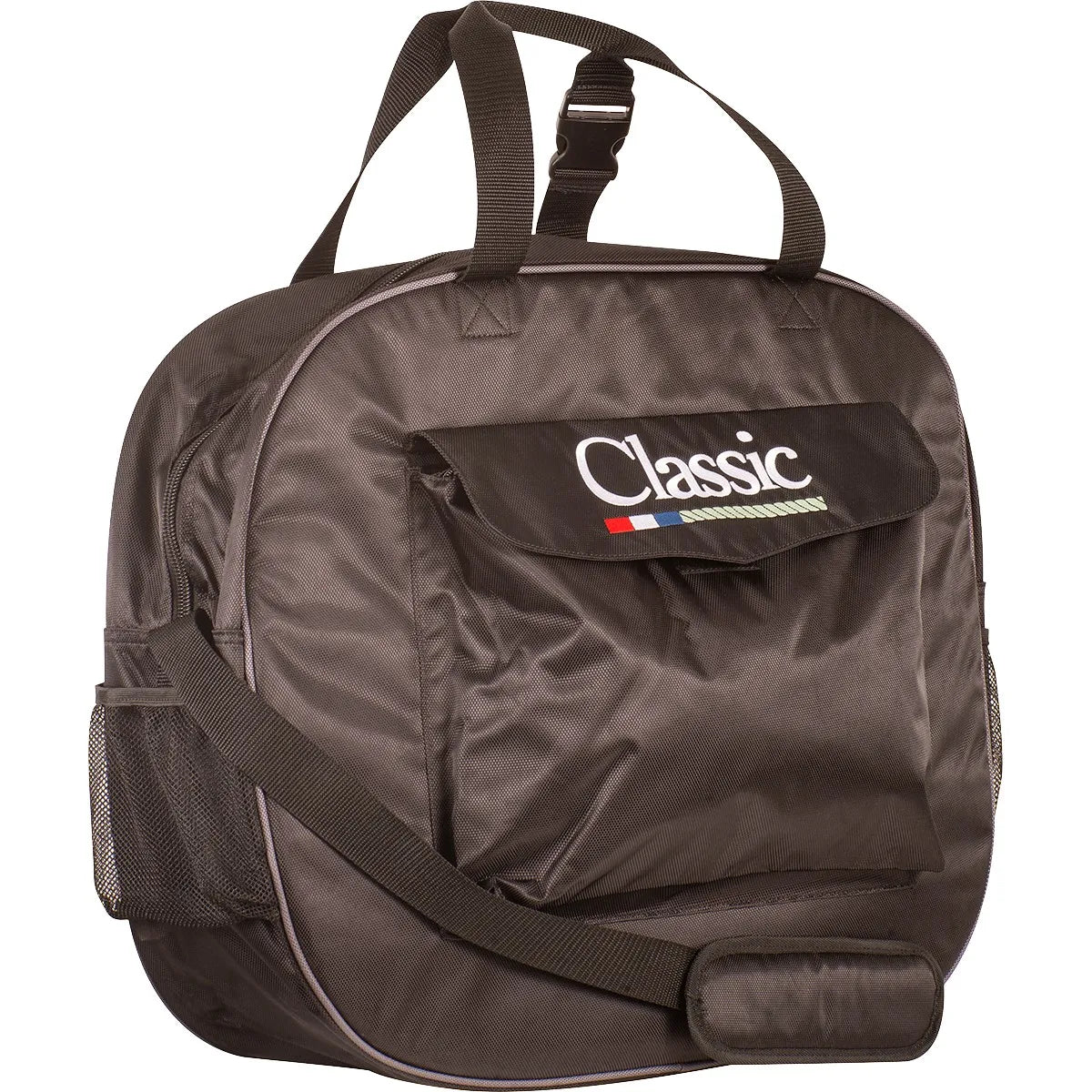 Classic Black Rope Bag for equestrian use, featuring a durable nylon design with the "Classic" logo on a front flap pocket. This versatile horse gear bag includes a side mesh pouch, sturdy top handles with a buckle closure, and an adjustable padded shoulder strap for easy transport. Perfect for organizing ropes, lariats, and riding accessories, this professional gear bag from Hooves & Paws is a must-have for rodeo and equestrian enthusiasts.