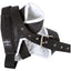 Classic Equine Cool Wrap Horn Wraps in black and white. These breathable steer head protectors feature a durable mesh exterior, soft white fleece lining, and a heavy-duty nylon strap with a secure metal buckle and grommets. Designed for team roping, these protective wraps offer superior ventilation and a custom fit to prevent horn sores. Essential equestrian gear for steer protection during practice or competition.