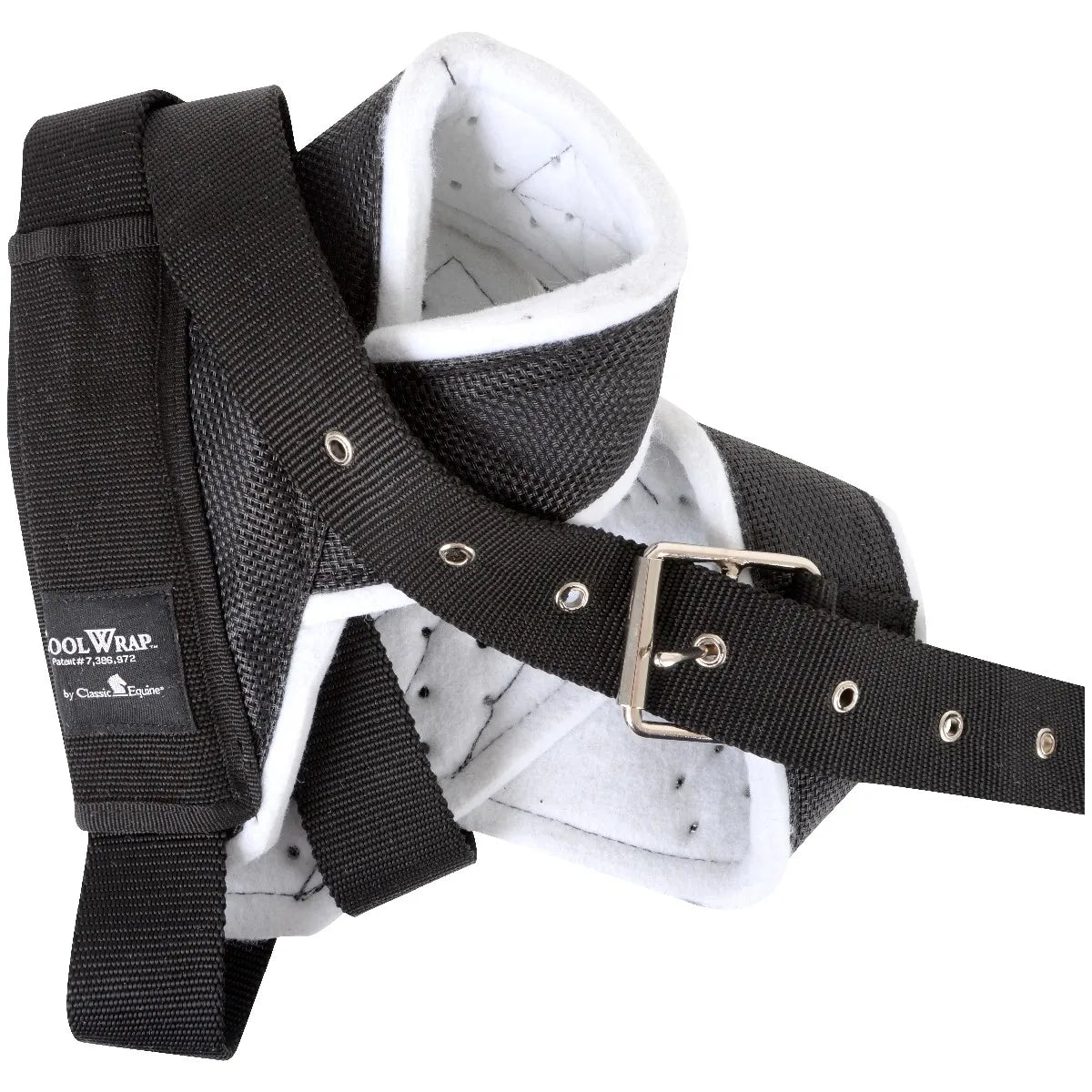 Classic Equine Cool Wrap Horn Wraps in black and white. These breathable steer head protectors feature a durable mesh exterior, soft white fleece lining, and a heavy-duty nylon strap with a secure metal buckle and grommets. Designed for team roping, these protective wraps offer superior ventilation and a custom fit to prevent horn sores. Essential equestrian gear for steer protection during practice or competition.