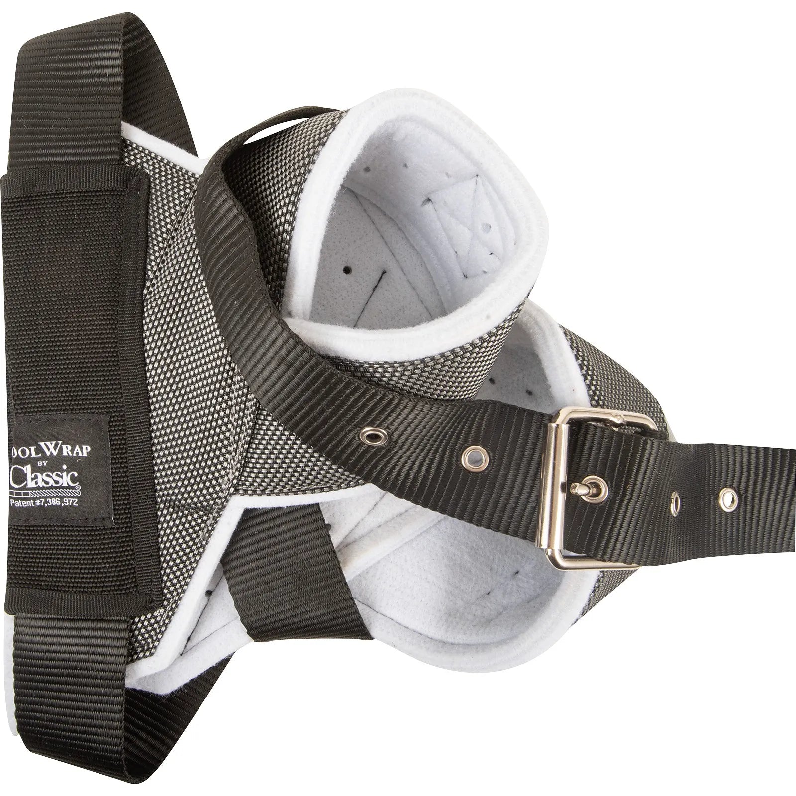 Classic Clear Vision Cool Wrap Horn Wraps featuring breathable grey mesh and black heavy-duty nylon straps with an adjustable metal buckle. Designed for superior steer head protection, these wraps include a soft white fleece lining to prevent irritation during team roping. Durable and lightweight roping equipment optimized for cattle safety and performance.