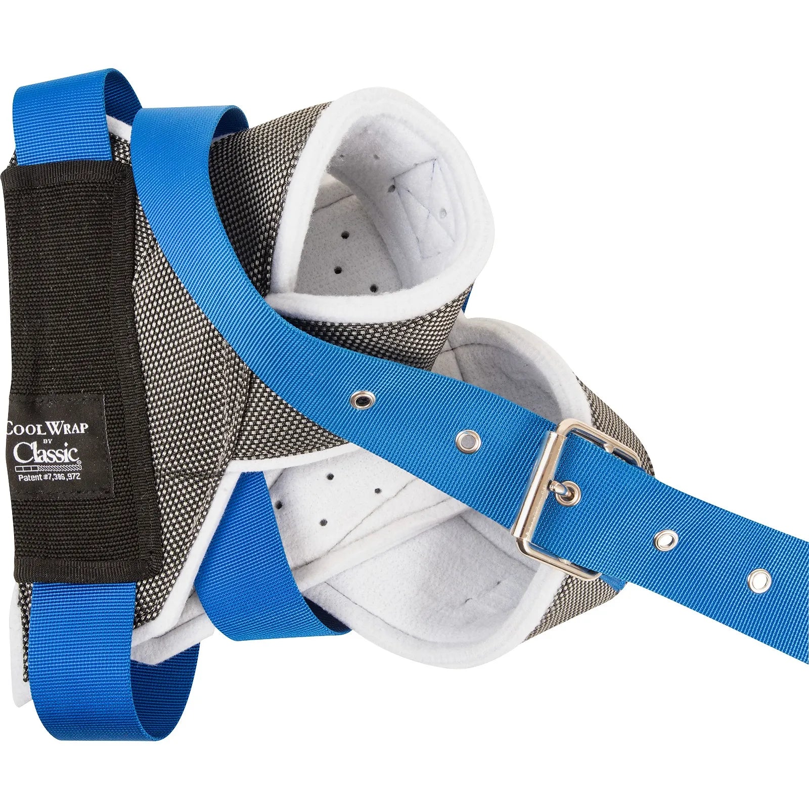 Classic Clear Vision Cool Wrap Horn Wraps featuring breathable grey mesh and a soft white lining for maximum steer head protection. The durable blue nylon webbing strap with a metal buckle ensures a secure, adjustable fit. Designed for team roping and cattle safety, these wraps promote airflow to prevent heat buildup. Perfect for competitive roping gear and protecting steers' horns during training. Includes the official "COOL WRAP BY Classic" branding.