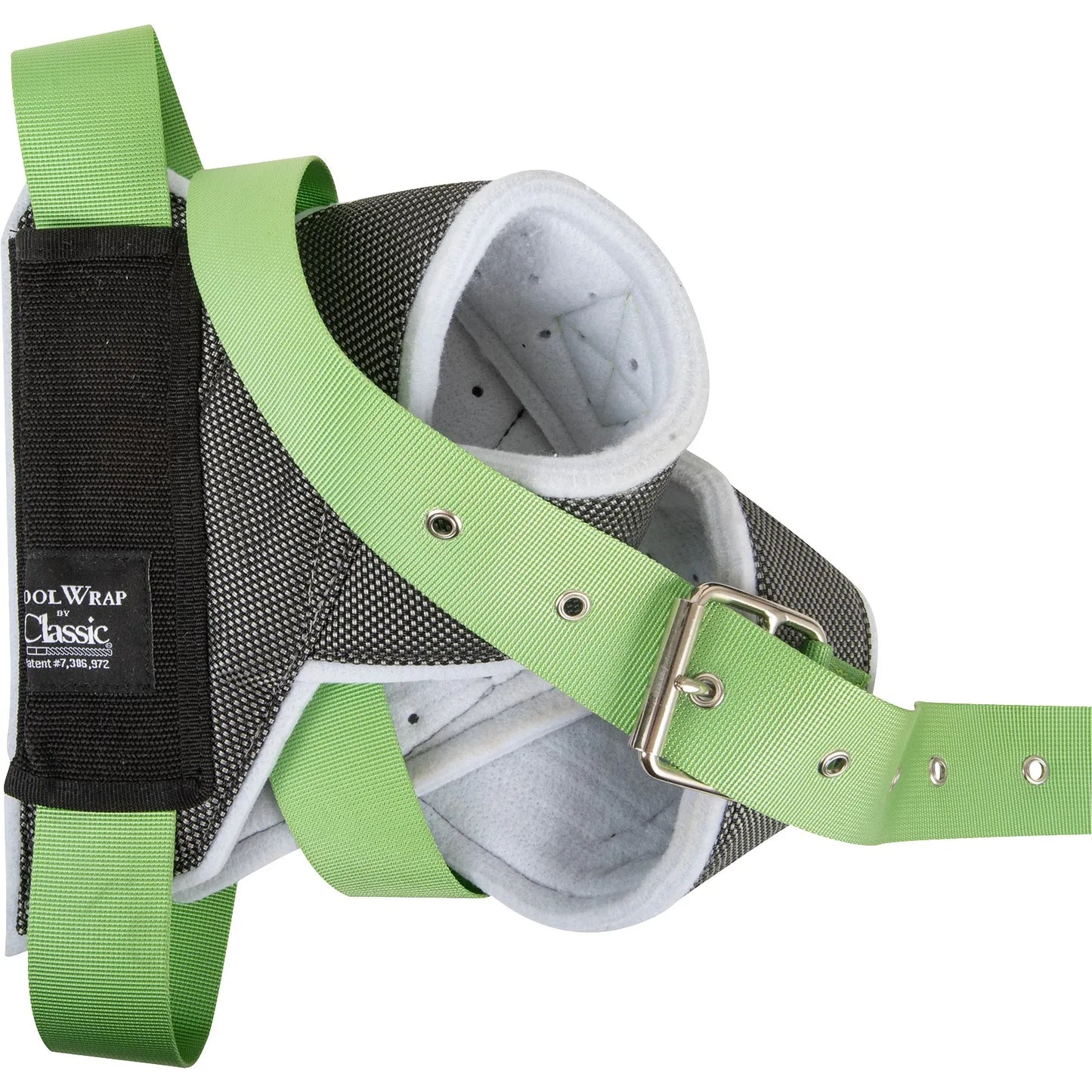Classic Clear Vision Cool Wrap Horn Wraps for breathable steer head protection. Features durable lime green nylon straps with a silver metal buckle and reinforced eyelets. The design combines a textured grey mesh exterior with a soft white padded lining to ensure maximum airflow and comfort for cattle. Essential team roping gear designed to prevent rope burn and horn damage, featuring the "COOL WRAP by Classic" logo on a black side panel.