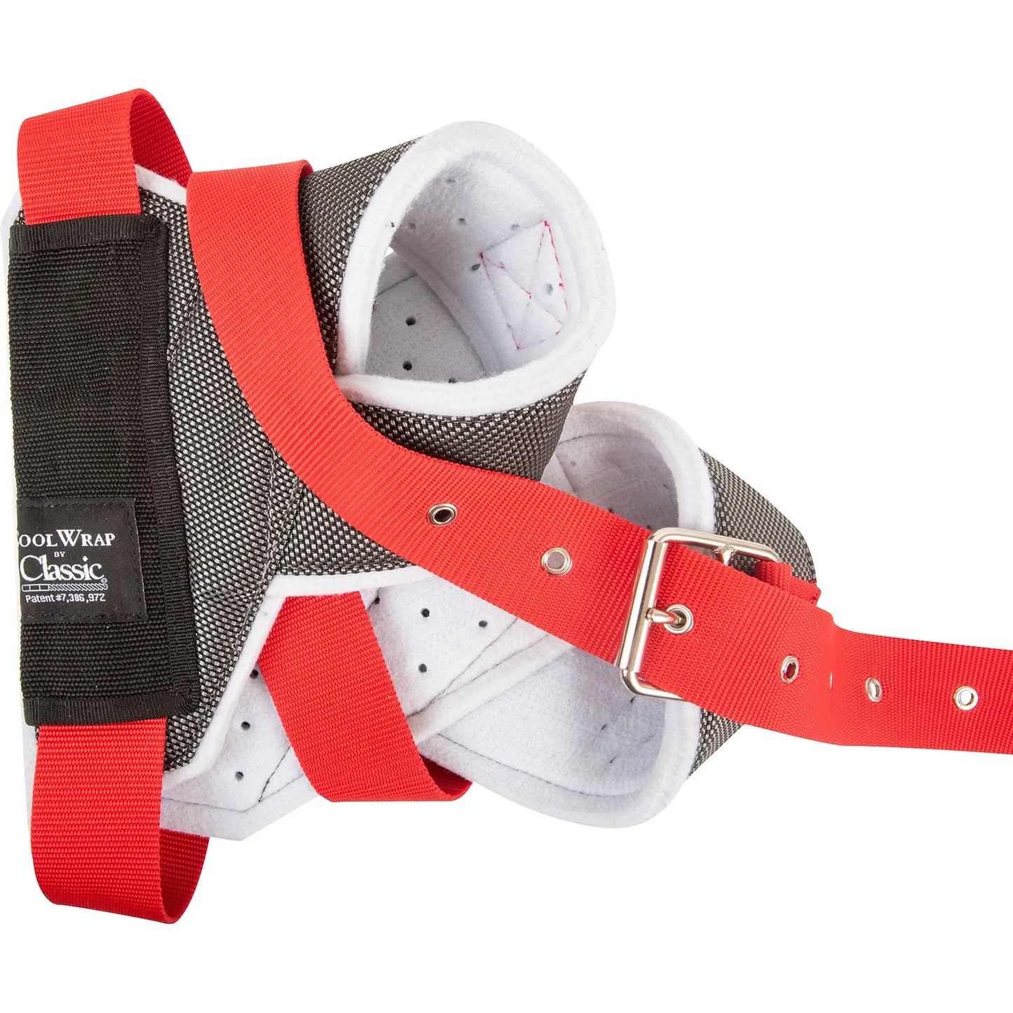 Classic Clear Vision Cool Wrap Horn Wraps in gray and vibrant red, designed for breathable steer head protection. These high-quality rodeo wraps feature a moisture-wicking mesh exterior, plush white fleece lining, and durable red nylon straps with a secure silver metal buckle and reinforced eyelets. Perfect for team roping, these protective horn wraps ensure cattle safety and comfort with a patent-protected design from Classic.
