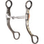 Classic Equine 7.5" Cheek Snaffle Bit with dark burnished steel shanks featuring elegant silver floral engravings and a copper flower accent. The polished stainless steel jointed mouthpiece offers smooth control and quick response, making it an ideal choice for western performance horses. This high-quality curb bit combines functional leverage with a classic western aesthetic for precision training and show-ready style.