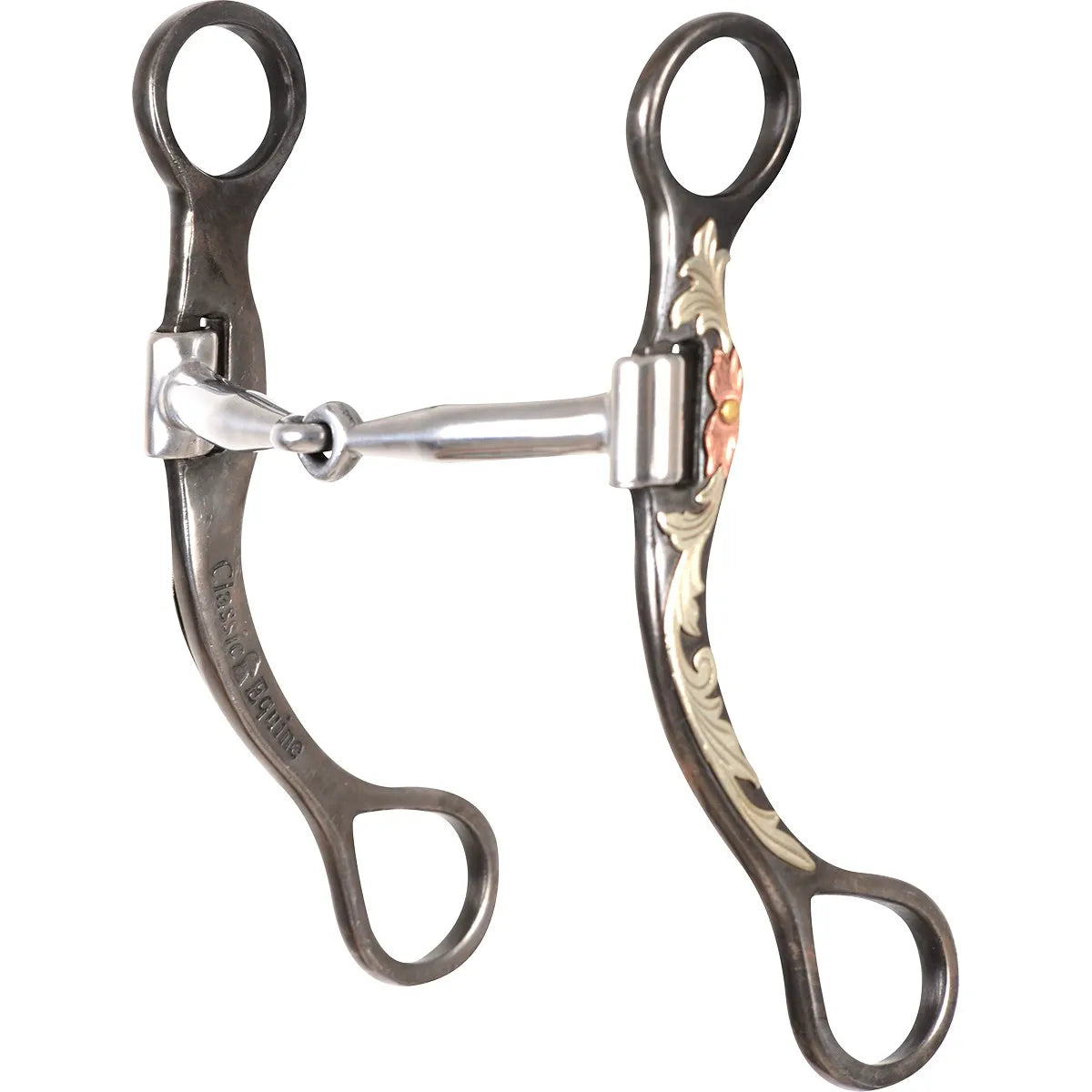 Classic Equine 7.5" Cheek Snaffle Bit with dark burnished steel shanks featuring elegant silver floral engravings and a copper flower accent. The polished stainless steel jointed mouthpiece offers smooth control and quick response, making it an ideal choice for western performance horses. This high-quality curb bit combines functional leverage with a classic western aesthetic for precision training and show-ready style.