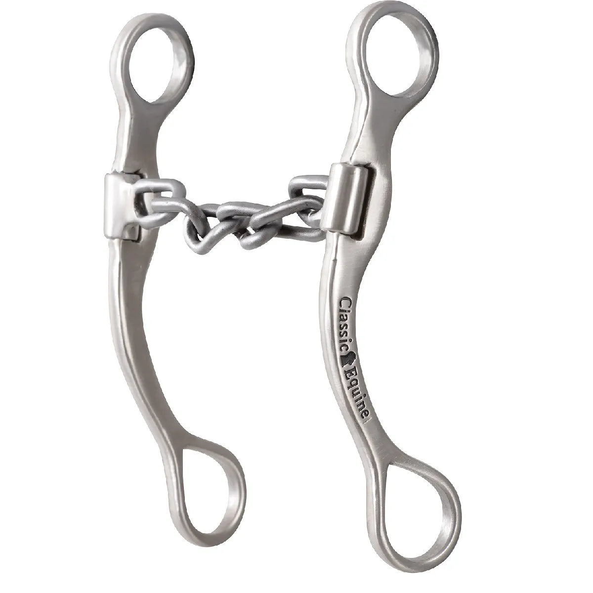 Classic Equine 7.5" Shank Performance Chain Bit crafted from durable stainless steel. This equestrian bit features a flexible 5" chain mouthpiece for comfort and long, curved shanks for enhanced leverage and control. Marked with the Classic Equine logo, this professional-grade horse bit is a top choice for western riders and trainers looking for responsiveness and a soft feel. Perfect for improving performance in the arena or on the trail.
