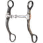 Classic Equine 7-inch Western horse bit featuring decorative blued steel swivel shanks with intricate silver and copper floral engravings. The mouthpiece is a smooth stainless steel dogbone link, designed to provide balanced comfort and precise control for the horse. This high-quality equestrian tack combines functional performance with elegant Western style, perfect for riders seeking professional-grade horse bits.