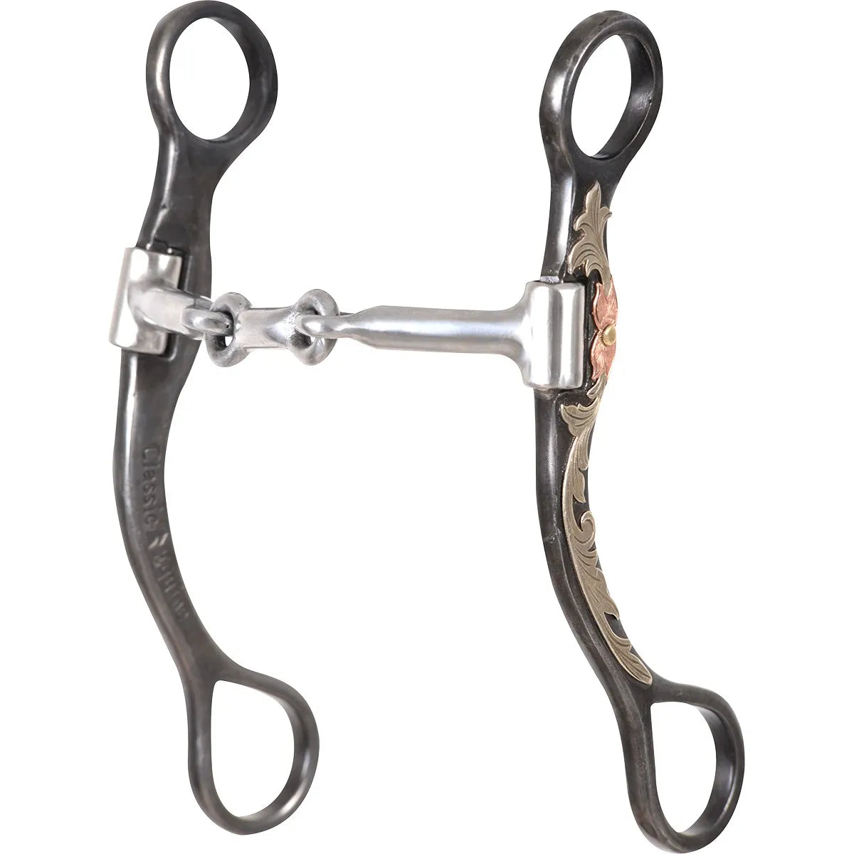 Classic Equine 7-inch Western horse bit featuring decorative blued steel swivel shanks with intricate silver and copper floral engravings. The mouthpiece is a smooth stainless steel dogbone link, designed to provide balanced comfort and precise control for the horse. This high-quality equestrian tack combines functional performance with elegant Western style, perfect for riders seeking professional-grade horse bits.