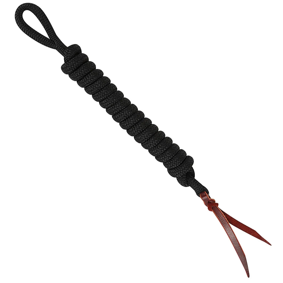 Classic Equine 9 FT Lead Rope in Black, featuring a durable braided design with a convenient hand loop and brown leather poppers at the end. This professional-grade horse lead is ideal for groundwork, training, and everyday barn use. Shown in a neat coil to highlight the thick, high-quality material, this Western equestrian gear combines strength and style for reliable horse handling.