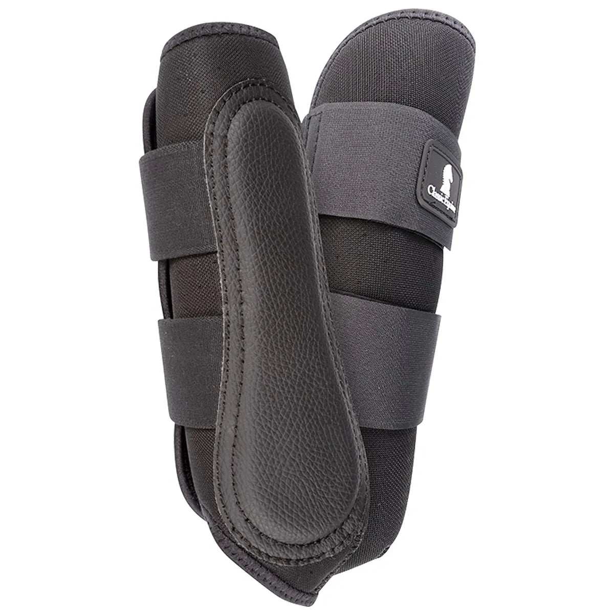 Classic Equine Air Wave EZ Wrap II Horse Boots in black, providing essential splint and tendon protection. These high-performance equestrian leg boots feature breathable material, a durable textured strike pad for impact defense, and three secure hook-and-loop straps for a contoured fit. Ideal protective gear for daily horse training, support, and injury prevention.