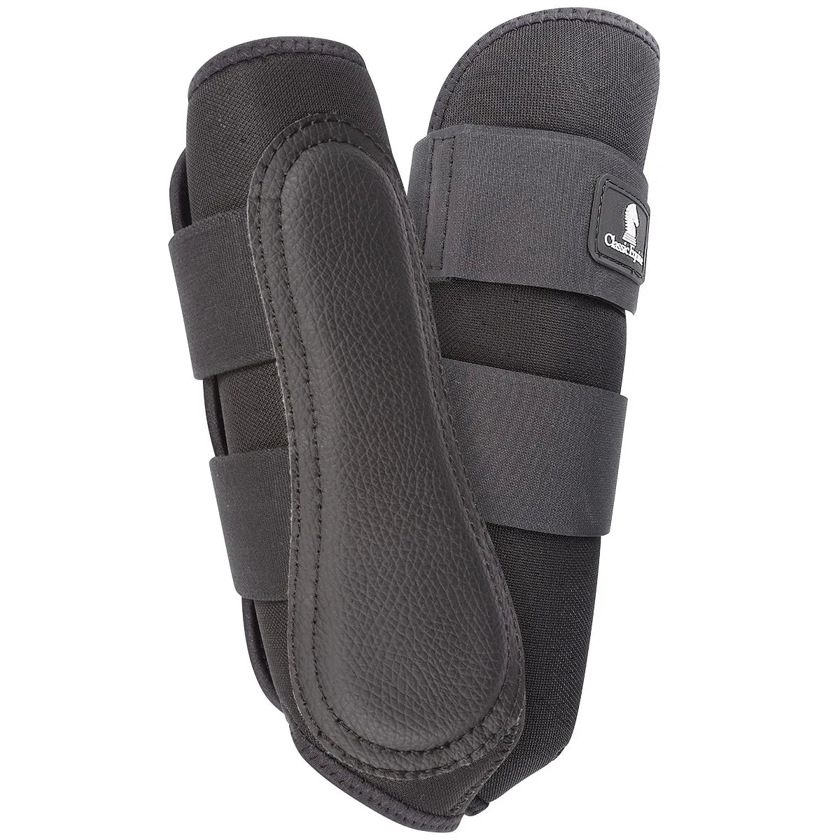 Classic Equine Air Wave EZ Wrap II Horse Boots in black, featuring a durable textured strike pad for superior splint and tendon protection. These breathable horse leg boots include multiple wide hook-and-loop straps for a secure, custom fit during riding or training. A must-have for equine athletes, providing essential support and impact resistance for your horse's legs.