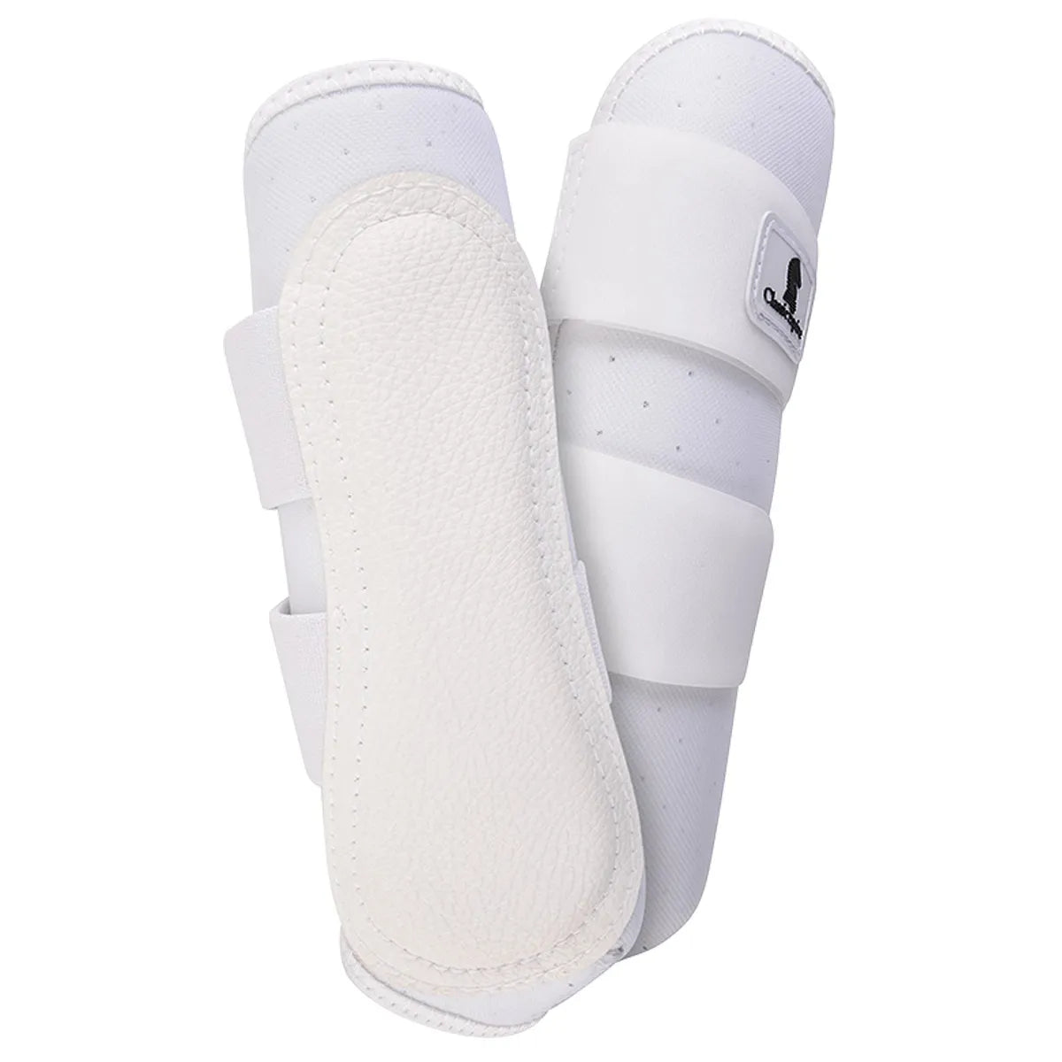 White Classic Equine Air Wave EZ Wrap II horse boots providing essential splint and tendon protection. These breathable boots feature perforated Air Wave technology, a durable textured inner strike pad for impact defense, and secure EZ Wrap elastic straps for a snug fit. High-quality equestrian leg protection gear designed for training, schooling, and daily horse care.