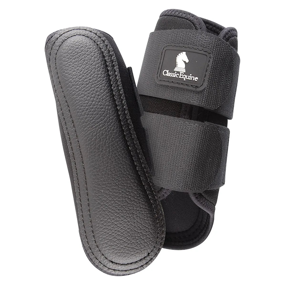 Classic Equine Air Wave Splint Boots in black, featuring a textured leather strike pad for superior leg protection and shock absorption. These durable equine leg boots include a breathable design and secure double hook-and-loop straps for a customized fit. Perfect for performance horses needing reliable splint bone support during training, competition, or daily rides.