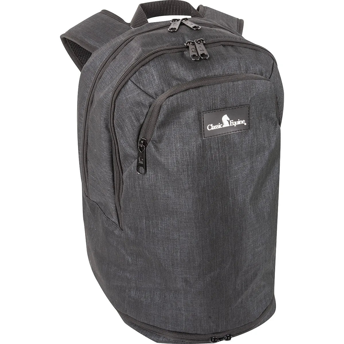 Classic Equine Midnight Backpack in a textured dark charcoal gray. This versatile equestrian gear bag is designed for the barn, gym, or travel. Features include multiple zippered storage compartments, a front utility pocket, and padded straps for comfort. The sleek design is finished with the Classic Equine brand logo and horse silhouette. A must-have accessory for riders and travelers needing a durable, organized backpack.