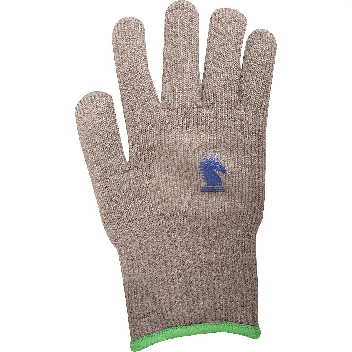 Classic Equine Heavy Duty Grey Barn Gloves featuring a durable heather grey knit fabric and a signature blue knight logo. This protective work glove includes a green elastic cuff for a secure fit, making it ideal for ranch chores, farm work, and equestrian tasks. High-quality, long-lasting handwear for horse owners and outdoor enthusiasts, designed for comfort and durability during heavy-duty barn use.