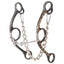 Classic Equine long shank barrel bit featuring a small twisted wire mouthpiece with a dogbone center link for superior control. The black steel shanks are accented with elegant gold scrollwork and copper inlays. This professional Western horse tack includes a durable stainless steel curb chain, making it an ideal choice for barrel racing and advanced training where precise communication and leverage are required.