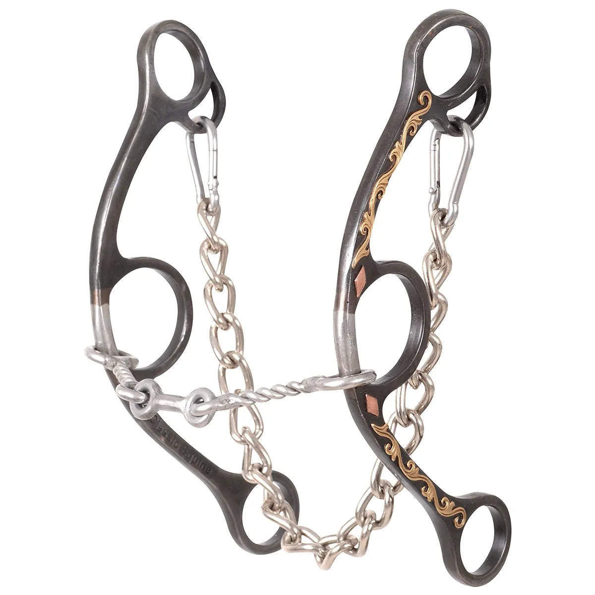 Classic Equine long shank barrel bit featuring a small twisted wire mouthpiece with a dogbone center link for superior control. The black steel shanks are accented with elegant gold scrollwork and copper inlays. This professional Western horse tack includes a durable stainless steel curb chain, making it an ideal choice for barrel racing and advanced training where precise communication and leverage are required.