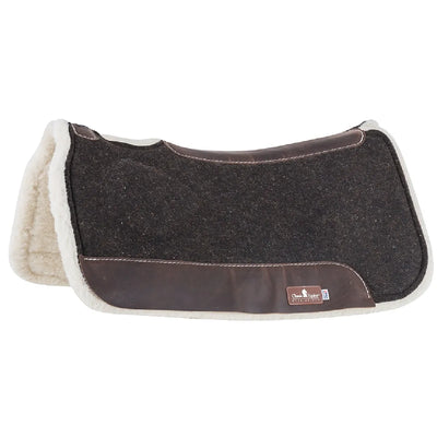 Classic Equine BioFit Correction Fleece Saddle Pad, 1-inch thick 30x30. This dark charcoal wool felt western pad features durable brown leather wear leathers and a plush cream fleece lining. Its contoured design provides specialized support and pressure relief for horses with high withers. A high-performance, stylish saddle pad perfect for ranch work, trail riding, or the show ring.