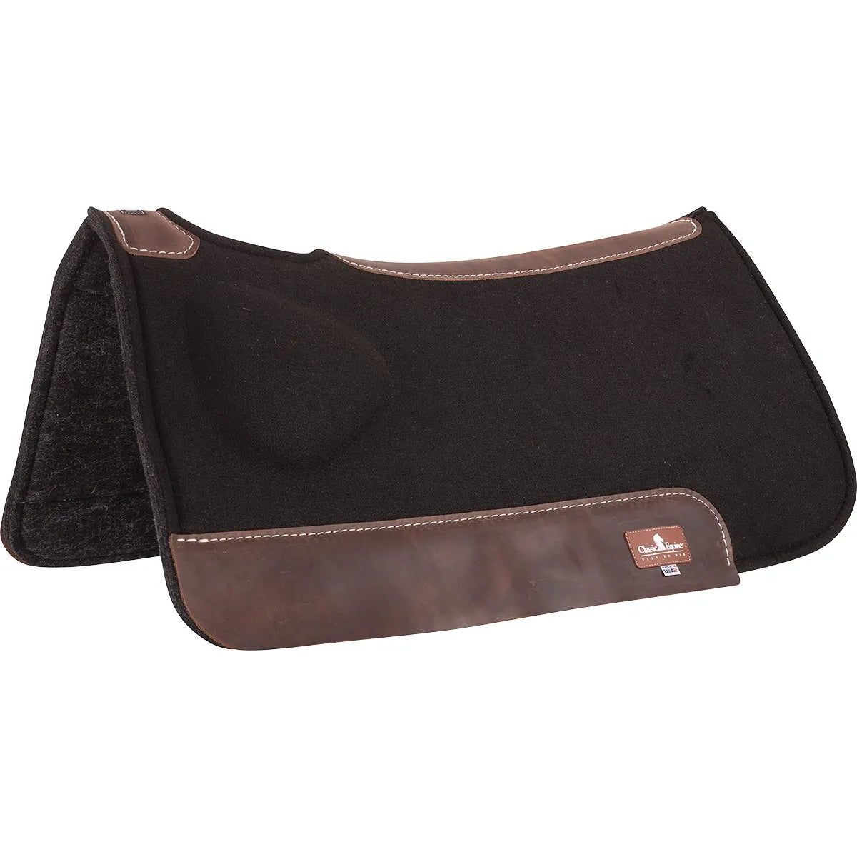 Classic Equine Biofit Correction Pad in black wool felt with brown leather wear leathers. This western saddle pad features a strategically placed orthopaedic wedge behind the shoulder to correct saddle fit and provide comfort for horses with high withers or muscle atrophy. A contoured, pressure-relieving solution for superior back protection and performance, perfect for riders seeking a professional saddle fit and equestrian comfort.