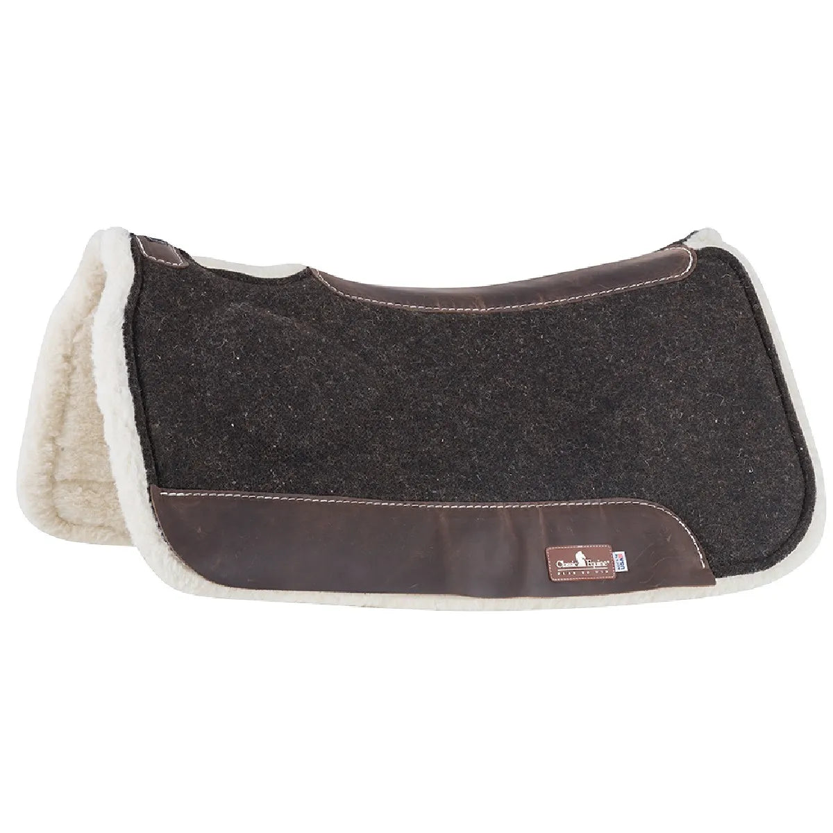 Classic Equine Biofit Correction Pad featuring a charcoal grey felt top with dark brown leather wear leathers and a plush white fleece lining. This contoured western saddle pad provides an anatomical fit for horse comfort and saddle fit correction, with built-in orthopedic support for pressure relief. Ideal for barrel racing, roping, or everyday trail riding, it’s a high-quality equestrian solution for better saddle balance and spinal clearance.