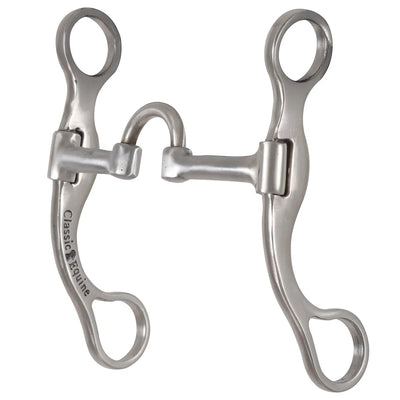 Classic Equine Bit Logic polished stainless steel curb bit featuring a medium port mouthpiece and curved swivel shanks for precise communication. This professional-grade horse bit is designed for enhanced performance and control, offering independent side movement for western riding. Durable equestrian tack with a high-quality silver finish, perfect for refining cues and improving responsiveness in the show ring or during training.