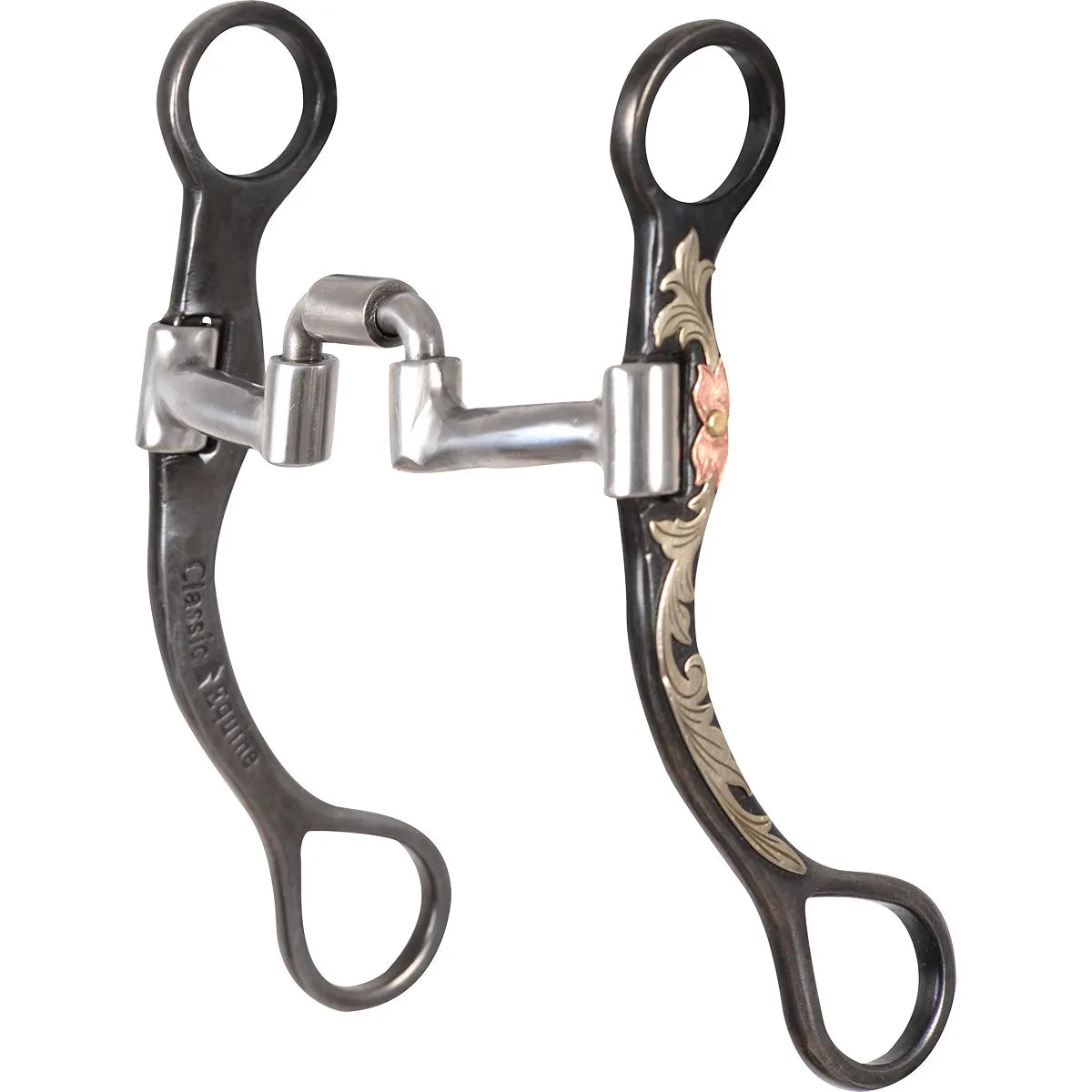 Classic Equine BitLogic 7.5-inch Low Port Bit featuring an antique finish with intricate silver floral engraving and a copper flower accent on the S-shanks. This professional-grade western curb bit includes a smooth low port mouthpiece with a roller, designed for training, pleasure riding, and competition. The dark steel shanks provide a stylish, traditional look for performance horses. Perfect for riders seeking precision and elegance in quality horse tack.