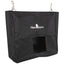 Classic Equine Black Hay Bag for horse stalls or trailers. This durable black hay feeder features a large square front opening to reduce waste and keep hay off the ground. Equipped with heavy-duty metal snaps for secure hanging and a mesh bottom to allow dust to escape. Perfect for equestrian travel and stable management, this slow-feed hay bag ensures a clean and secure feeding experience for horses.