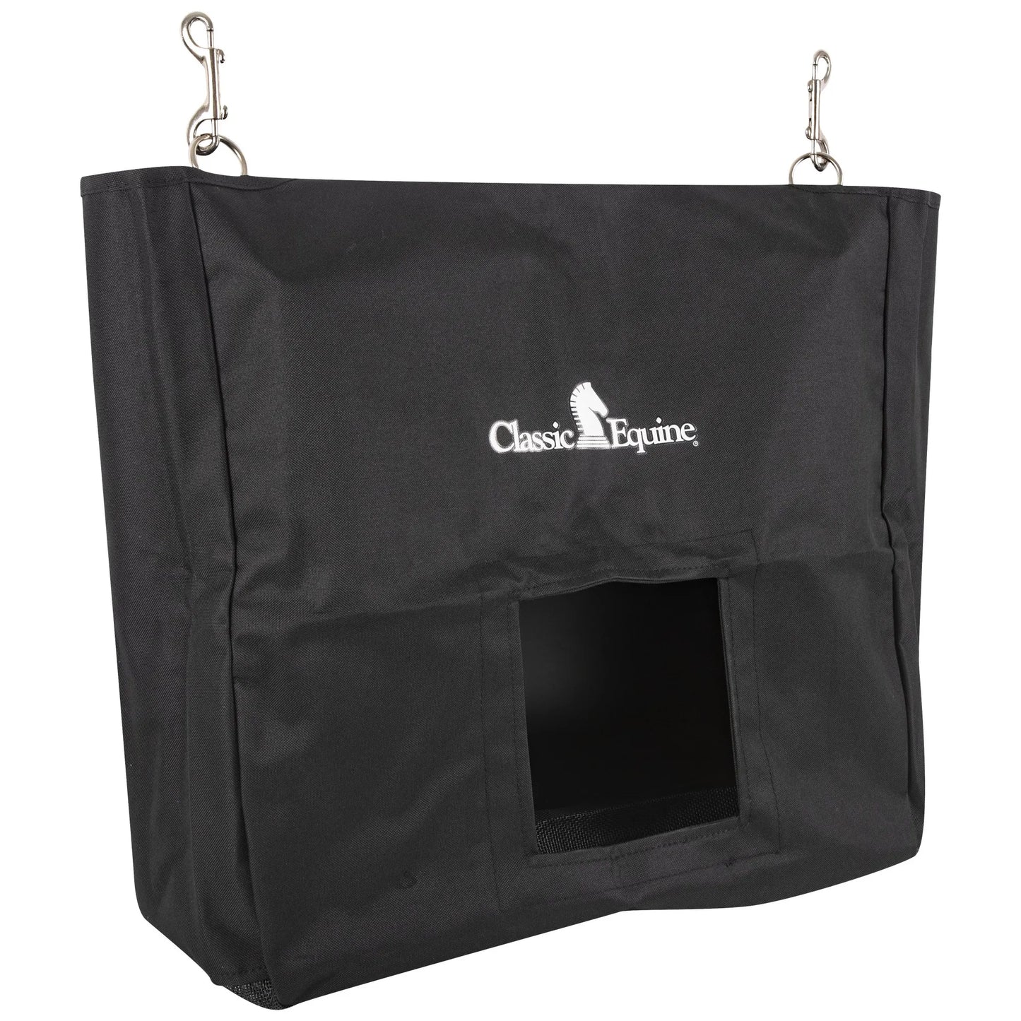 Classic Equine Black Hay Bag for horse stalls or trailers. This durable black hay feeder features a large square front opening to reduce waste and keep hay off the ground. Equipped with heavy-duty metal snaps for secure hanging and a mesh bottom to allow dust to escape. Perfect for equestrian travel and stable management, this slow-feed hay bag ensures a clean and secure feeding experience for horses.